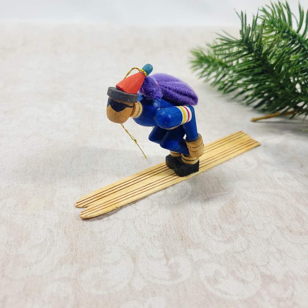 Vintage Wooden Skier Christmas Ornament Retro 70s 80s Peg Doll